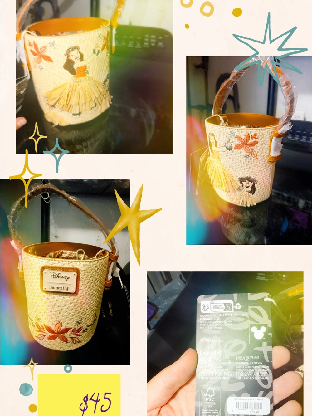 Loungefly Cream & Tan Hula Bucket Bag with Embroidered Tropicals